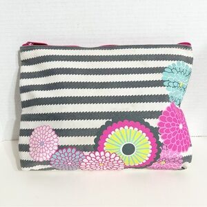 Thirty One Oversized Zipper Pouch Laminated Interior Striped Pattern Flowers